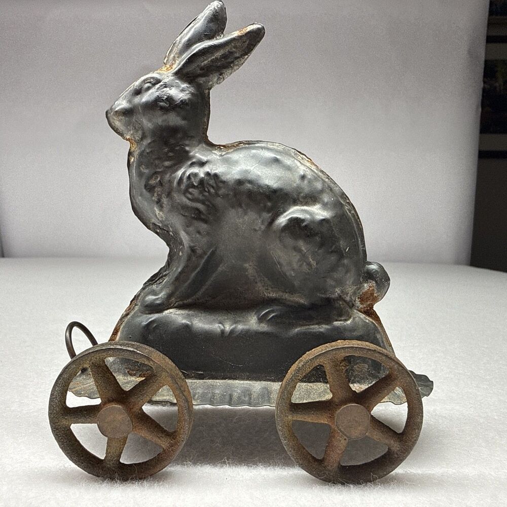 Michael Bonne Metal Rabbit Pull Toy Bunny Cart Rustic Folk Art Decor Vintage